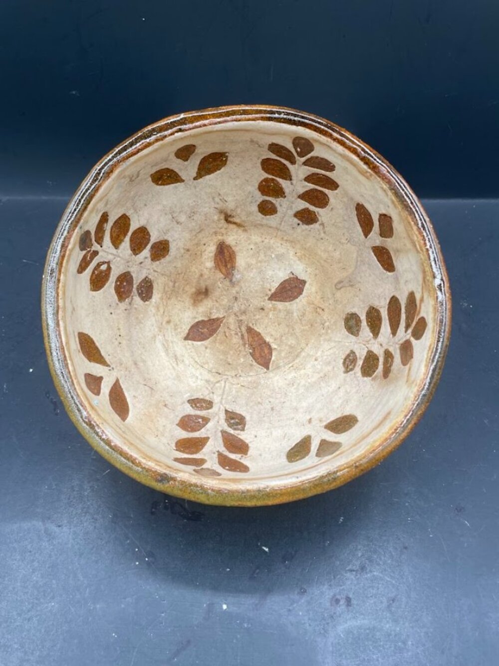 1977 Signed Helen Burton Pottery Bowl Green Glaze Interior Leaf Pattern Primitiv